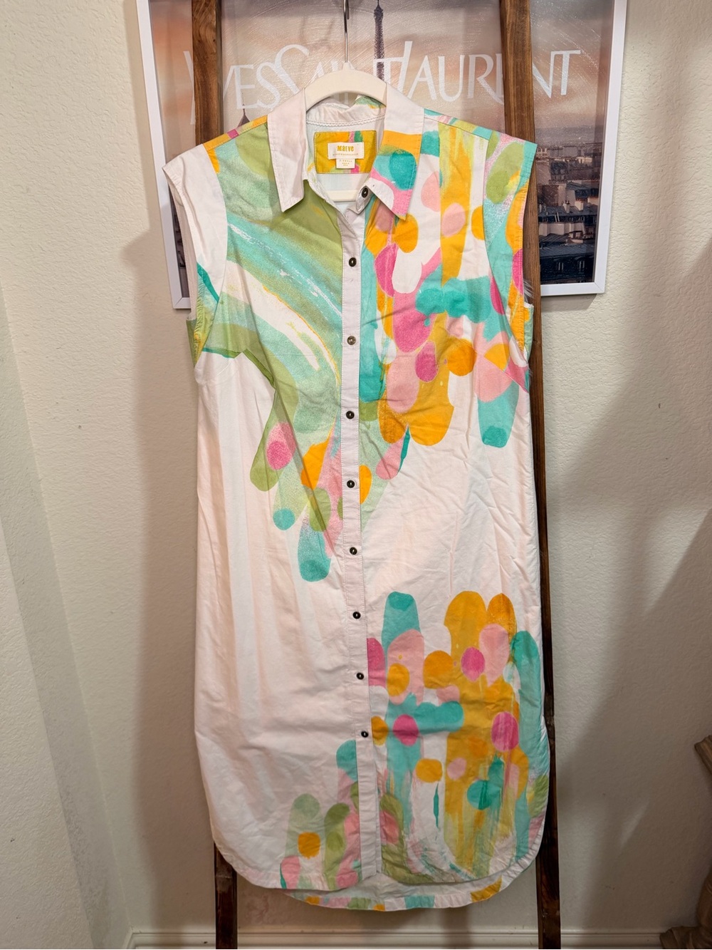 Anthropologie White Midi Dress with Pastel Multicolor Print - Picture 3 of 4